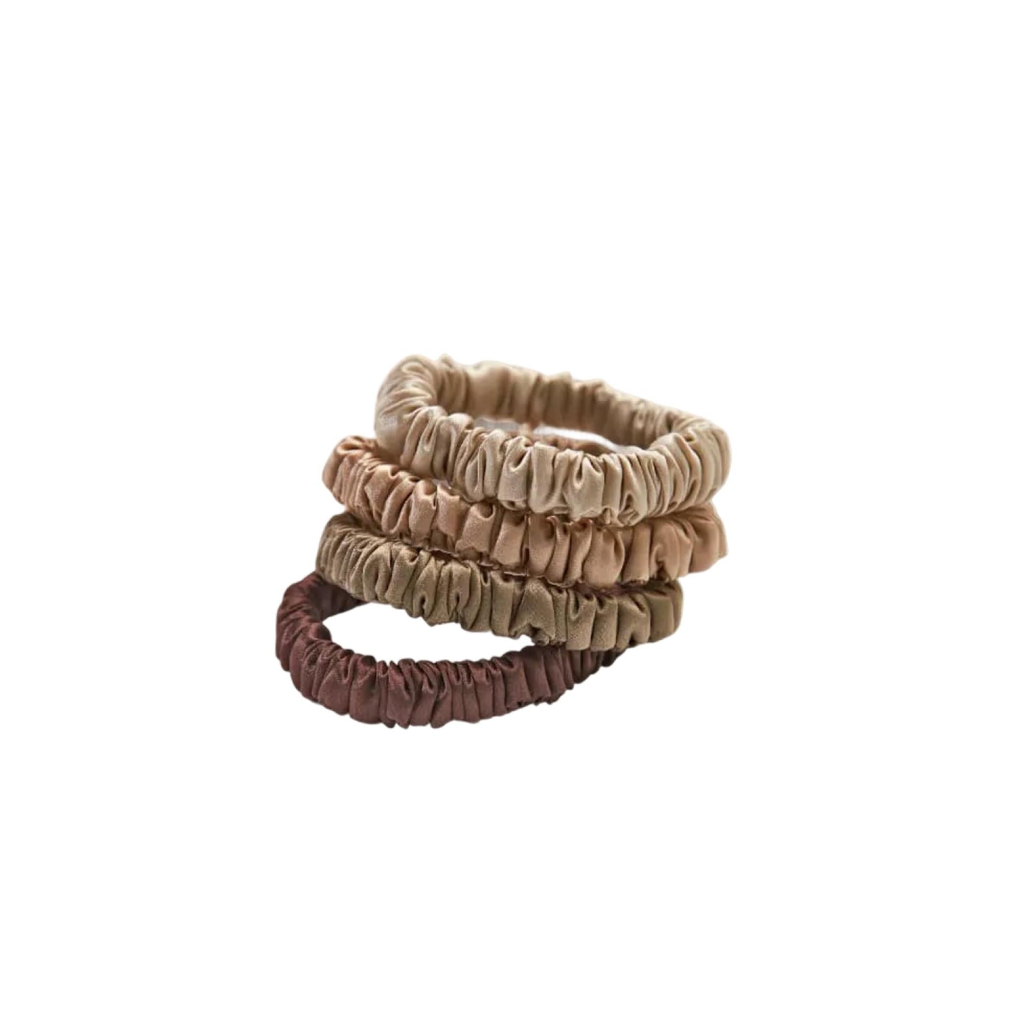 Mulberry Silk Skinny Scrunchies in Beige, Light Brown, Brown & Coffee