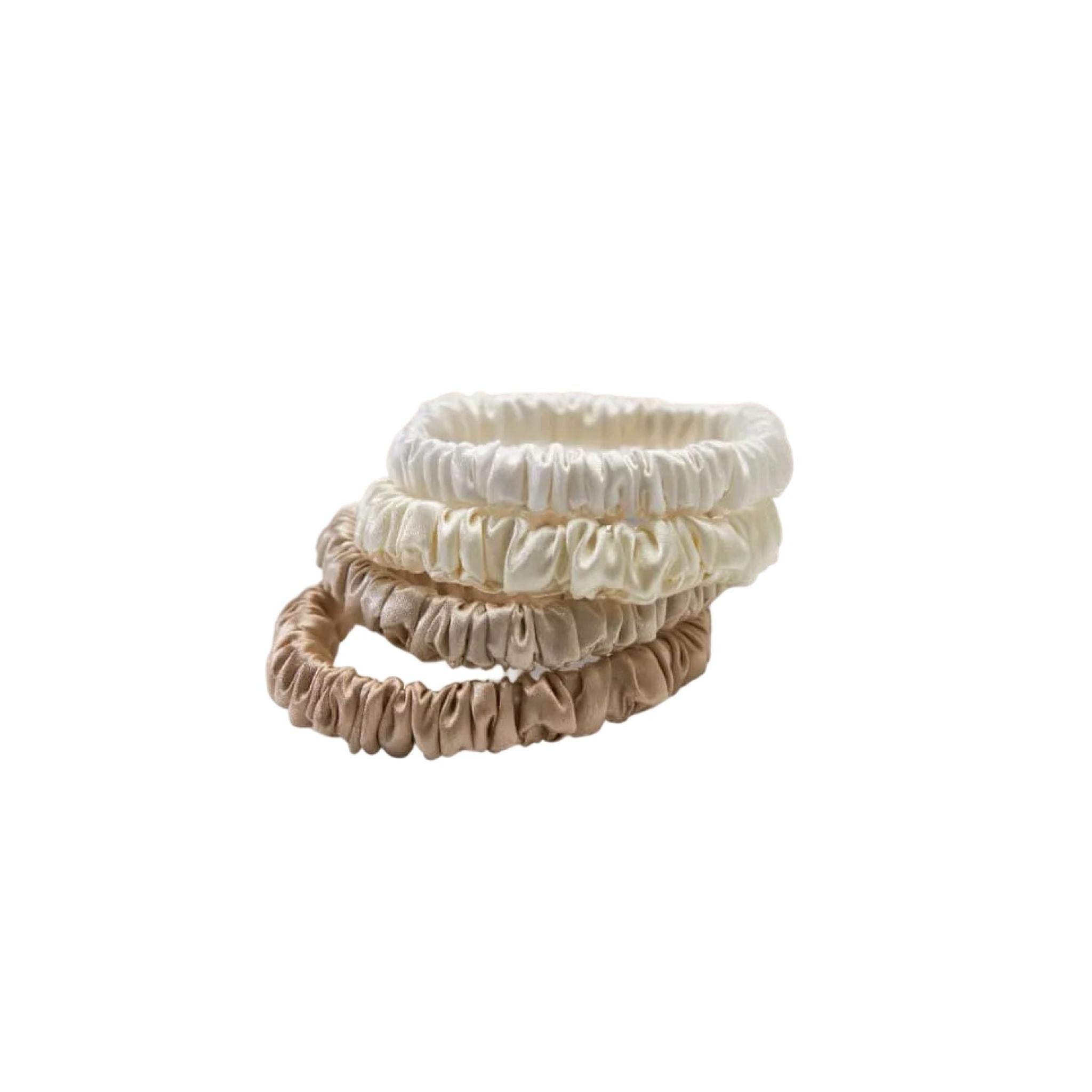Mulberry Silk Skinny Scrunchies in White, Cream, Beige & Light Brown